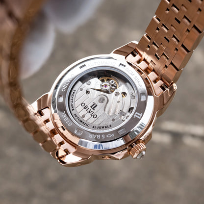 OBLVLO Men's Multifunctional Mechanical Watch with Colorful Zircon Moonphase Elegant Rose Gold Bracelet Band GCM-MUT
