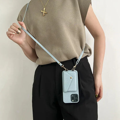 Lanyard Crossbody Strap Leather Phone Case for iPhone 17 Air 16 15 Plus 14 13 12 11 Pro Max  Wallet with Card Holder Cover