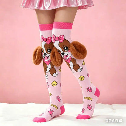 1 pair of pink, light blue cute cartoon dog girl and knee socks-with cute 3D ears, very suitable for casual clothes and gifts, h