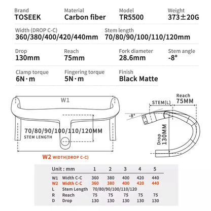 TOSEEK TR5500 T800 Carbon Bicycle Handlebar Road Bike Integrated Handlebar Di2 With Computer Holder Internal Cable Routing