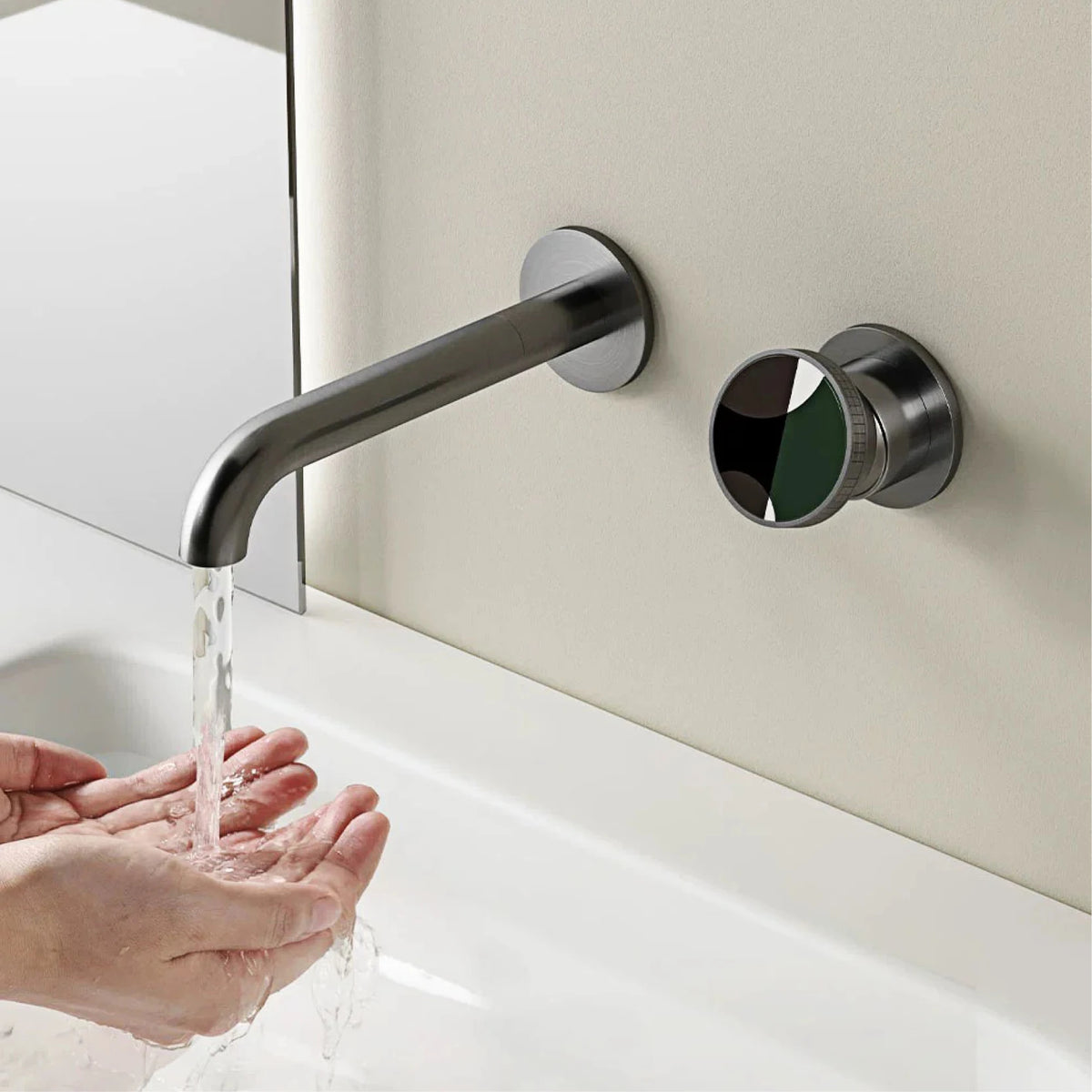 Modern luxury gun gray brass bathroom faucet with wall mounted design, cold and hot dual control, simple basin faucet