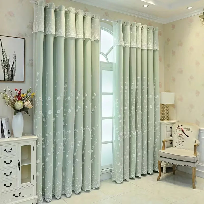 1pc European Luxury Double Layer Blackout Curtain,Top Eyelet for Easy Hanging,Floral Pattern for Living Room Bedroom Decor