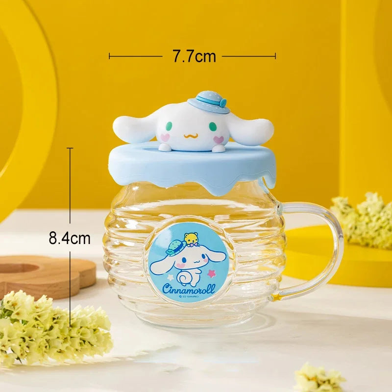 For Sanrio Kawaii Glass Cups Honey jar shape Water Cups Cartoon Kuromi& Hello Kitty& Cinnamoroll Anime Juice Milk Mug Kids Gift