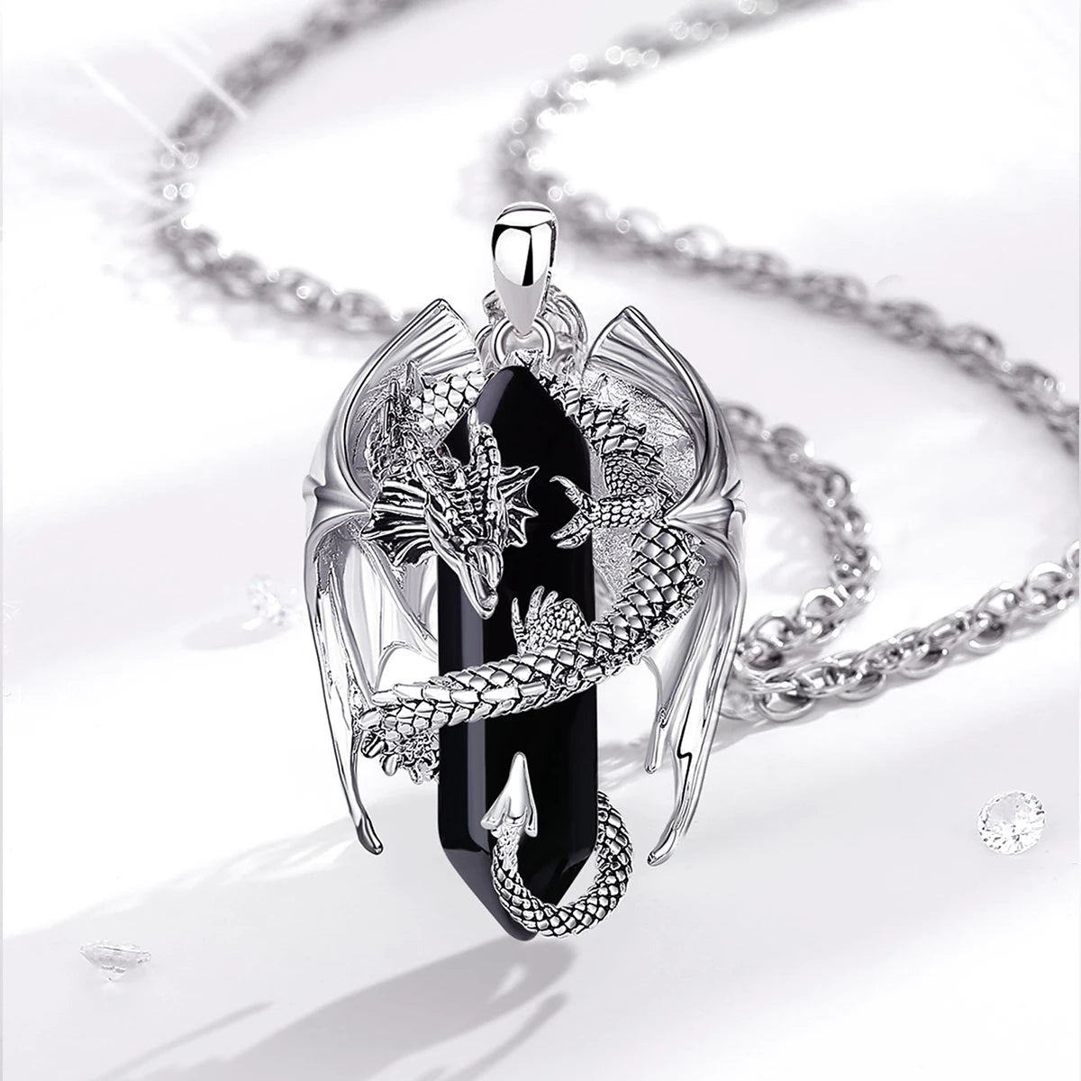 Eudora Dragon Twining Hexagonal Obsidian Prismatic Necklace Punk Healing Stone Crystal Pendant Personality Jewelry Gift for Man