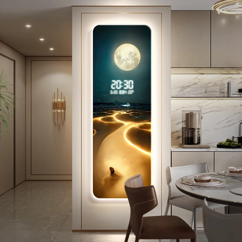 Wave painting, living room clock, moon digital display, intelligent electronic clock, entrance decoration, painted lights