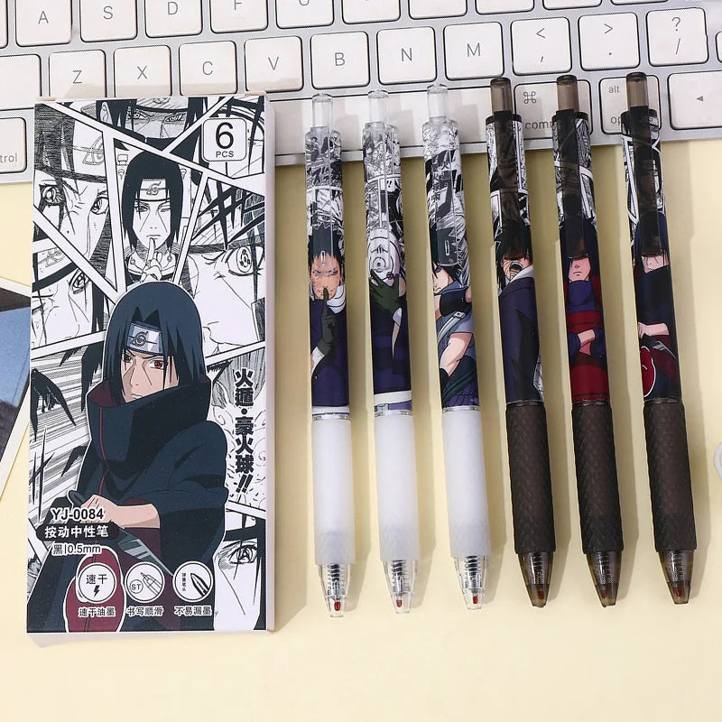 6pcs Anime Naruto Action Figure Manga Gel Pen Set Cartoon Uchiba Clan Sasuke Figures Printing Writing Ballpoint Pen Toys Gifts