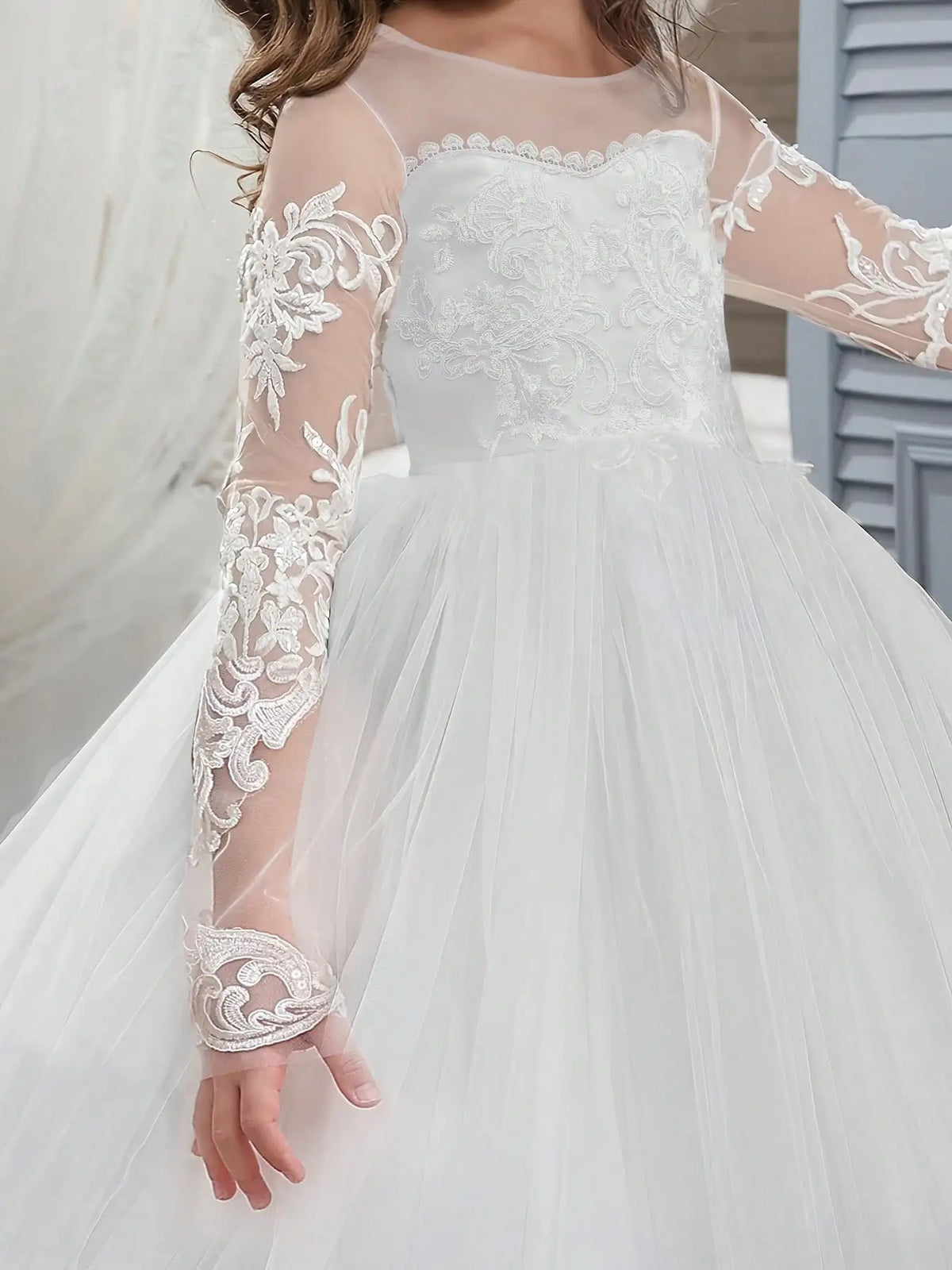 Lace Embroidered Tulle Long-Sleeved Children's Train Flower Girl Dress