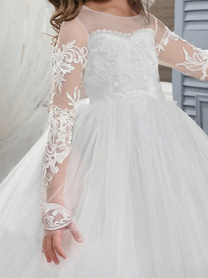 Lace Embroidered Tulle Long-Sleeved Children's Train Flower Girl Dress