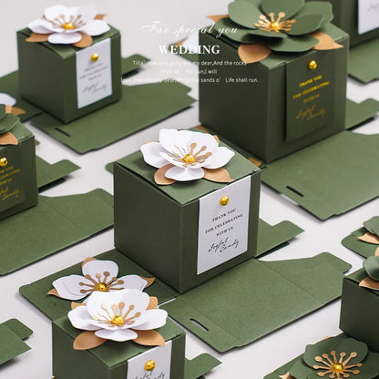 10pcs Forest Style Green Wedding Candy Box Square Three-dimensional Flower Box Packaging Gift Box Wedding Favors for Guests