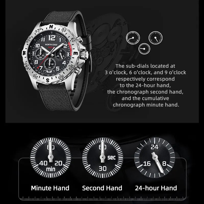 NORTH EDGE Men's Watches Solar Power 316 Stainless Steel Case Quartz Watch For Men Pilot Waterproof 50m Stopwatch MACH 2