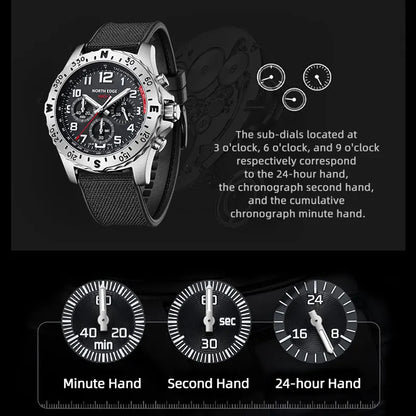 NORTH EDGE Men's Watches Solar Power 316 Stainless Steel Case Quartz Watch For Men Pilot Waterproof 50m Stopwatch MACH 2