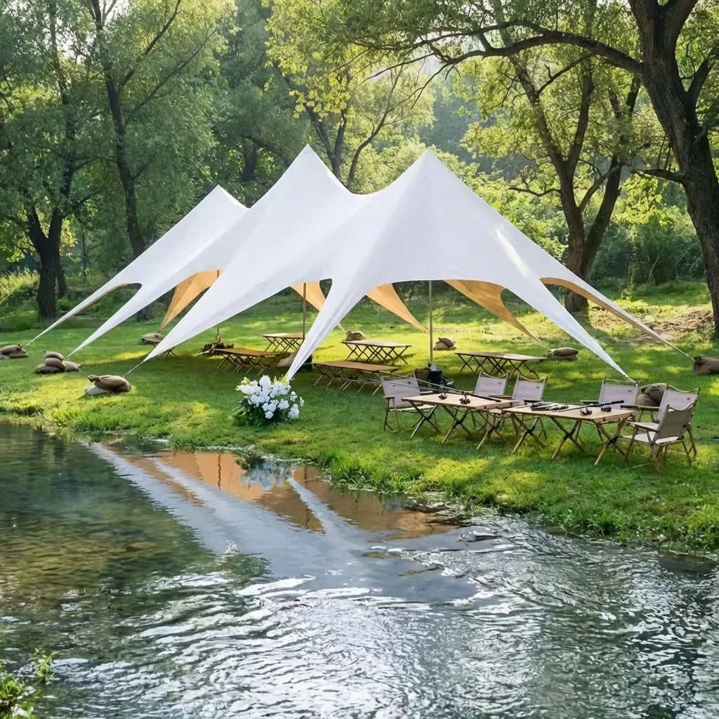 Waterproof Canvas Lotus Tipi Tent Wood Pole Glamping Tent Outdoor Resort Camping Wedding Event Custom Design