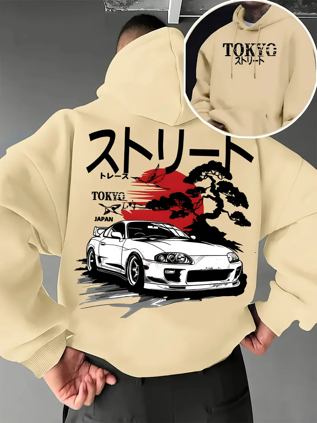 Men Oversized Hoodie JDM Supra Car TOKYO Japan Bonsai Sun Print Pullover Sweatshirt Autumn Winter Japanese Harajuku Street Tops
