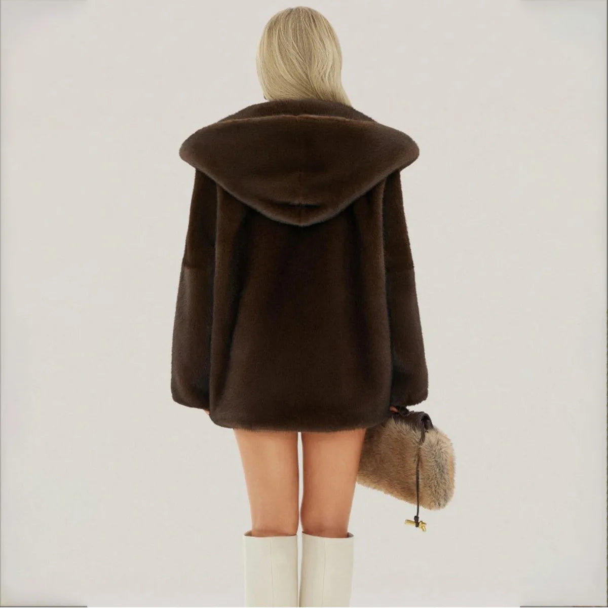 IG Women Dark Brown Hooded Faux Fur Coat Waist Tie Belt Wrap Front Mid Short Plush Fluffy Jacket Cuffed Sleeve Luxury Warm