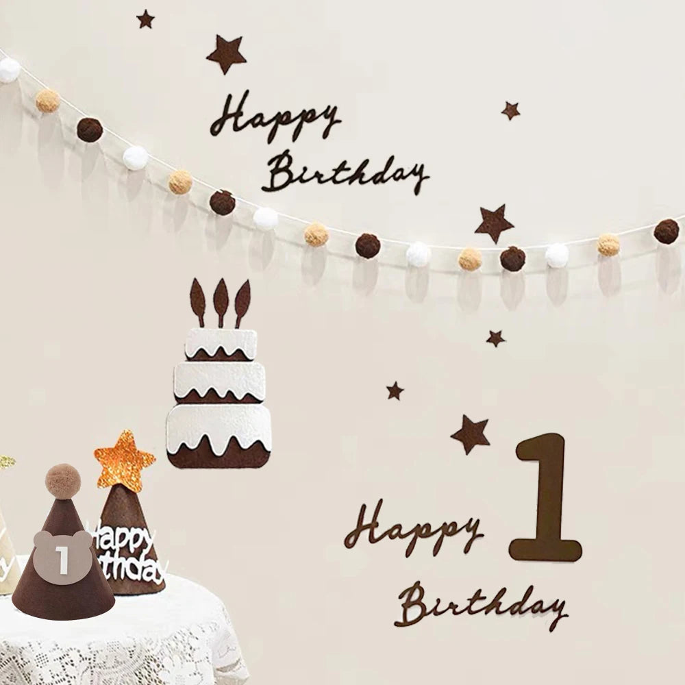 Cute Bear Kids 1st Birthday Hat Thick Non-woven Cute Bear Felt Birthday Banner Ball String Baby Shower Party Decoration Supplies