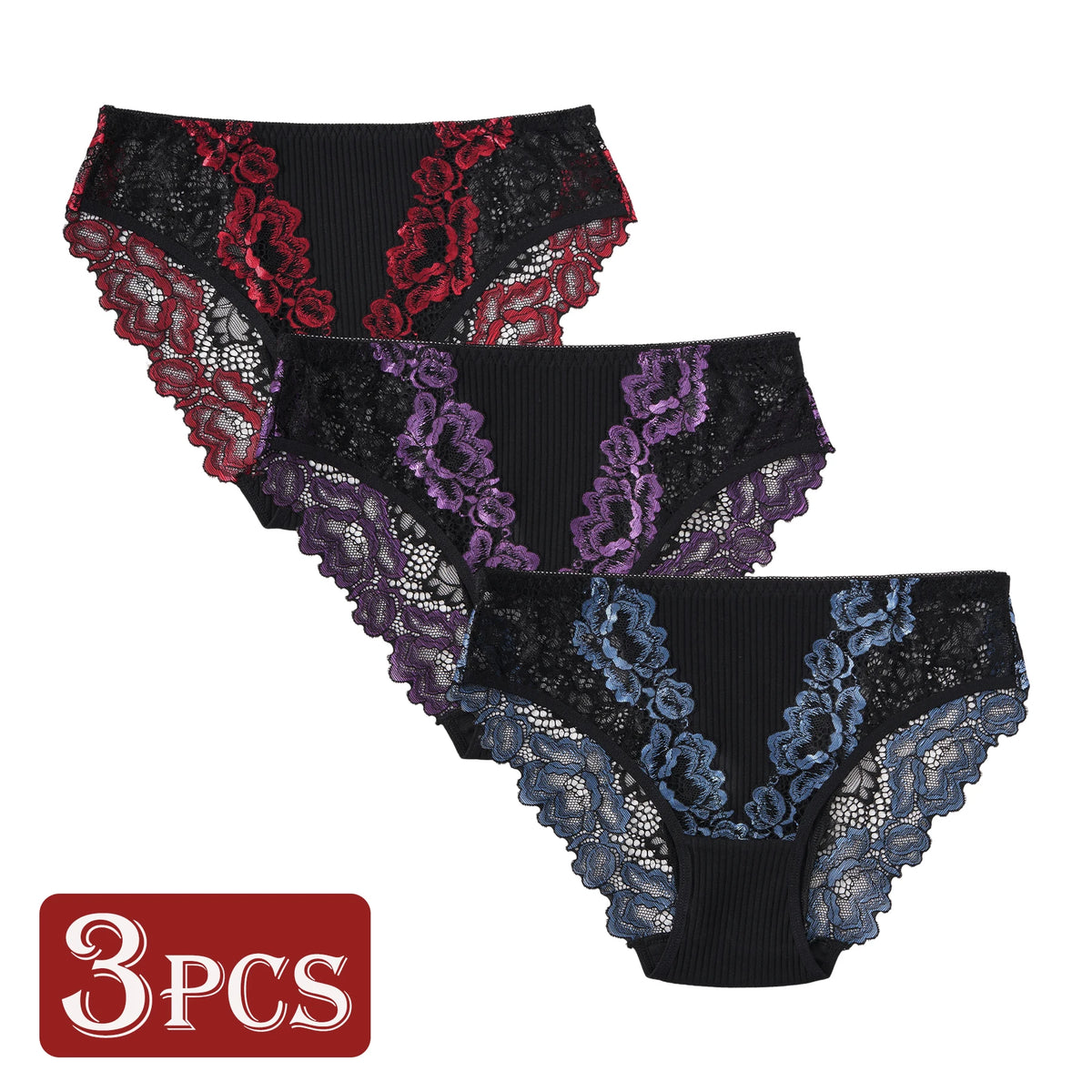 3PCS Women Contrast Lace Striped Cotton Briefs Sexy Semi-Sheer Lace Floral Panties Female Soft Comfortable Lingerie S-XXL Hot