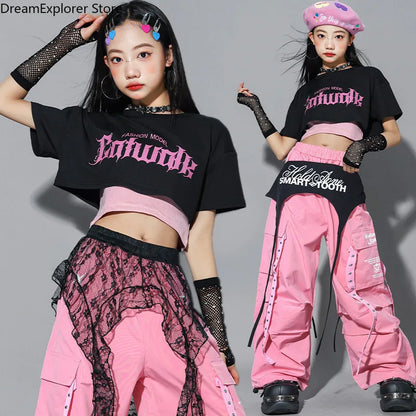 Girls K-pop Crop Top Street Dance Tiered Skirt Cargo Pants Children Costume Kids Hip Hop Streetwear Jazz Girl Group Clothes Sets