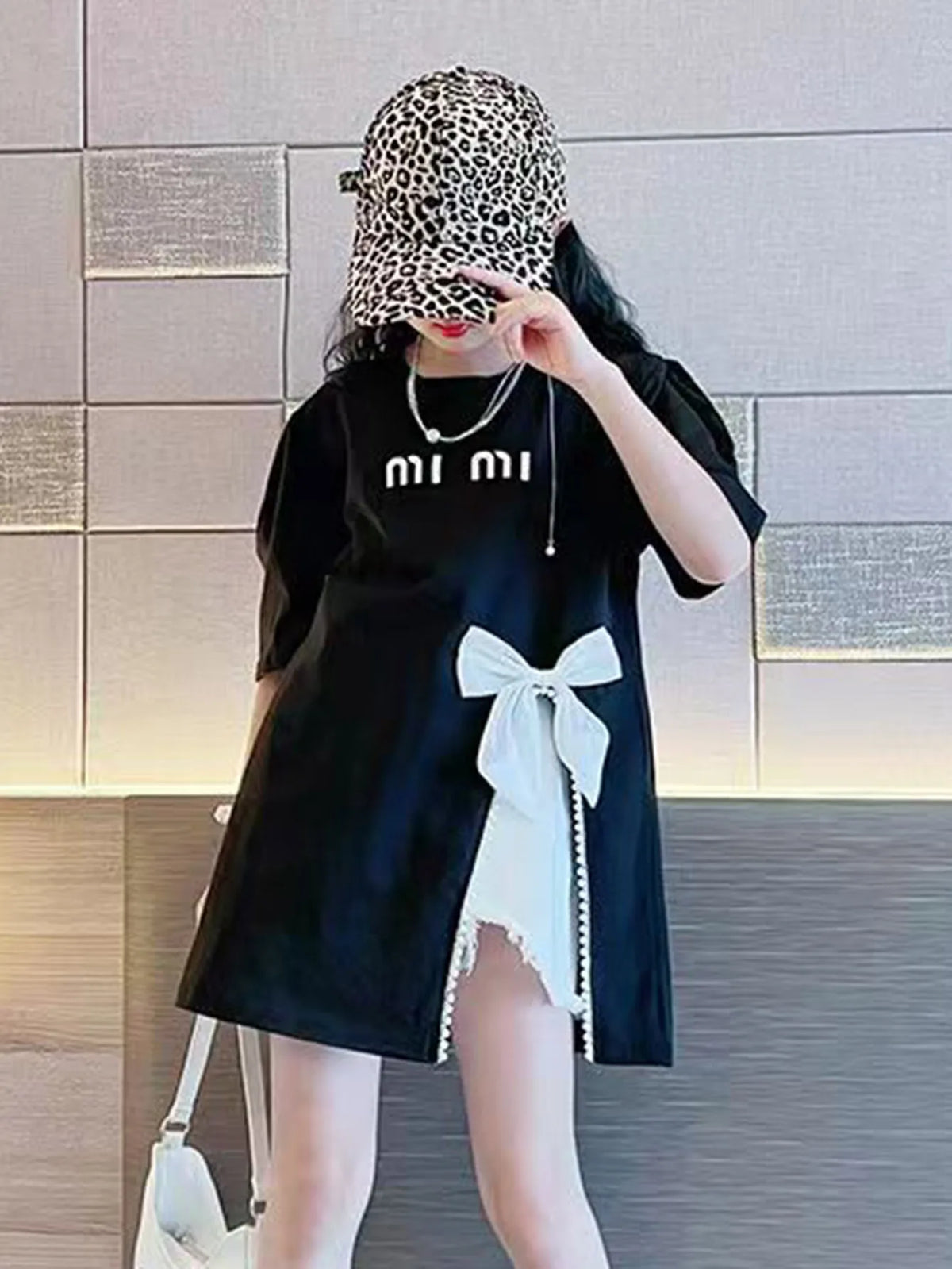Summer Kids Girls T-shirt Letter Printing Bow Split Loose Long Children's T-Shirt Tops For 3-12 Years Girl Clothing