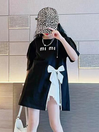 Summer Kids Girls T-shirt Letter Printing Bow Split Loose Long Children's T-Shirt Tops For 3-12 Years Girl Clothing