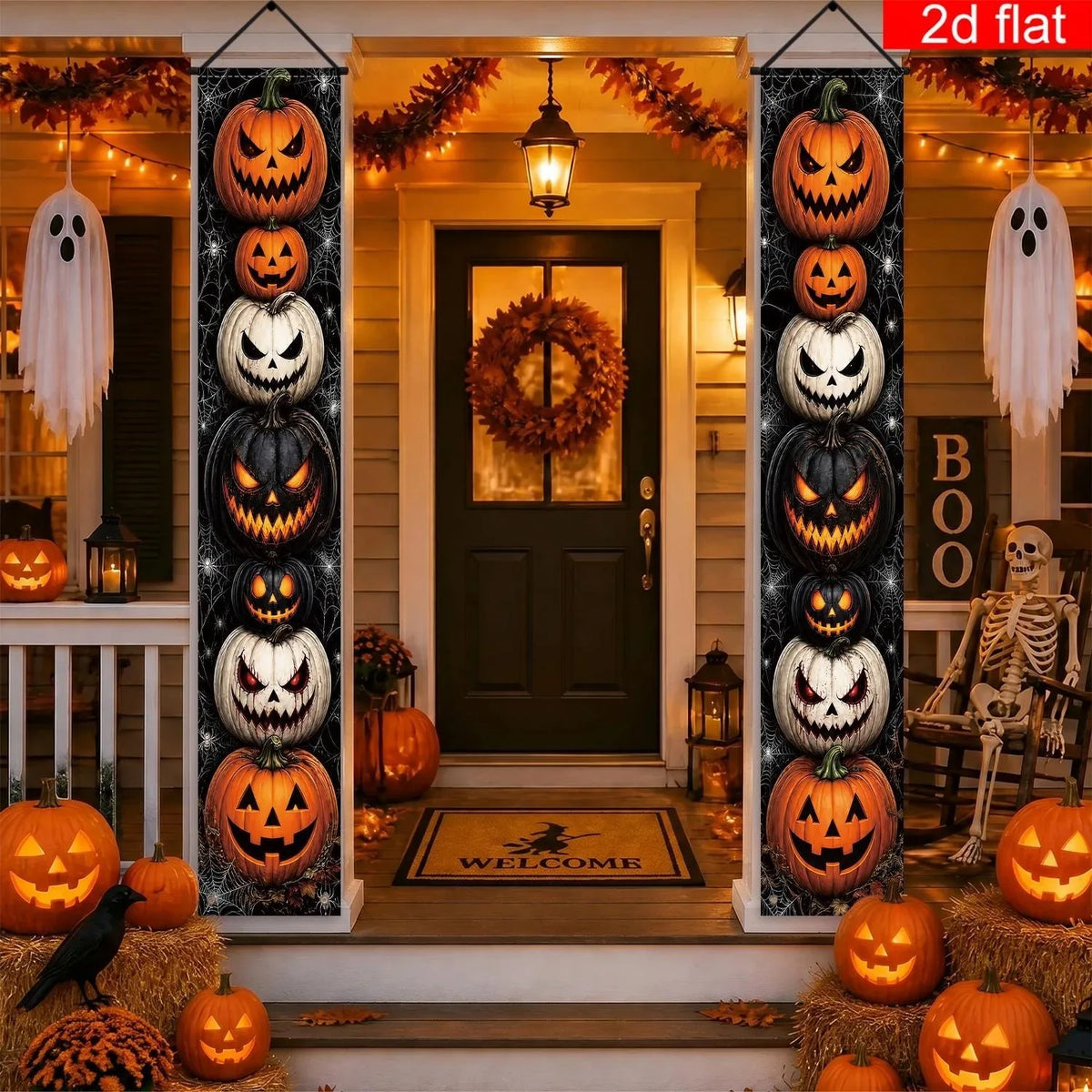 Halloween Porch Vertical Banner Set Scary Jack O Lantern Pumpkin Spider Web Hanging Sign for Outdoor Halloween Party Decorations