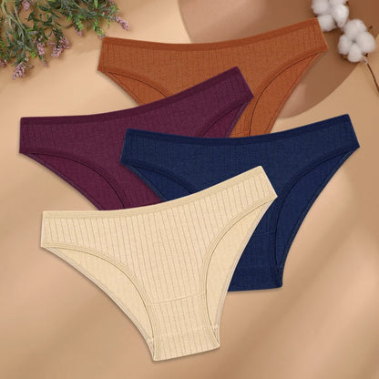 4Pcs/Set Cotton Panties Women Striped Solid Color Briefs Sexy Low-Waist Breathable Underpants Ladies Soft Stretch Lingerie M-XL