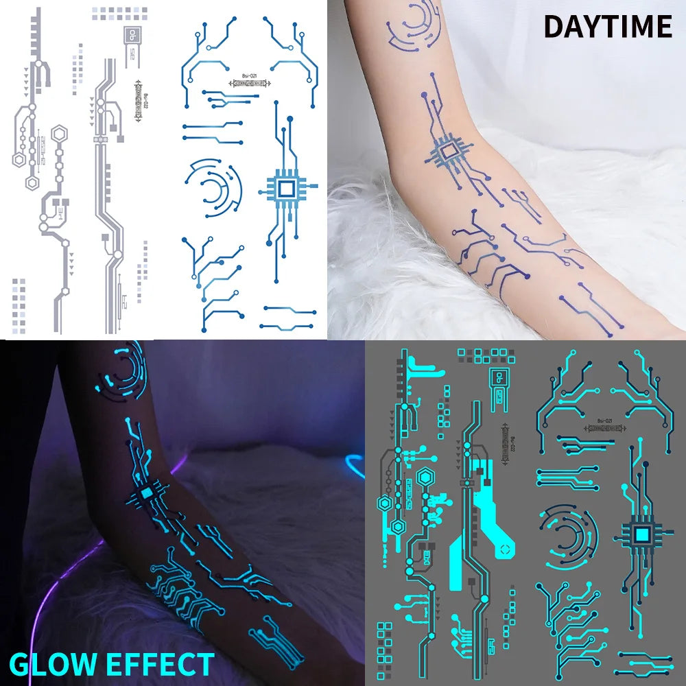 2 Sheets Large Glow In Dark Cyberpunk Mechanical Temporary Tattoos Sci-Fi Robot Line Waterproof Stickers for Cosplay Party