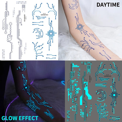 2 Sheets Large Glow In Dark Cyberpunk Mechanical Temporary Tattoos Sci-Fi Robot Line Waterproof Stickers for Cosplay Party