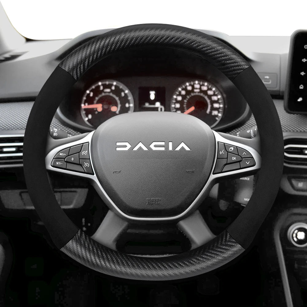Suitable for Dacia Suede Matte Carbon Fiber Texture Steering Wheel Cover, Suitable for Models Such as Sandero Stepway, Duster, Jogger, Bigster, Spring, Electric, Cargo, Logan, Etc., Black Mocha Car Accessories