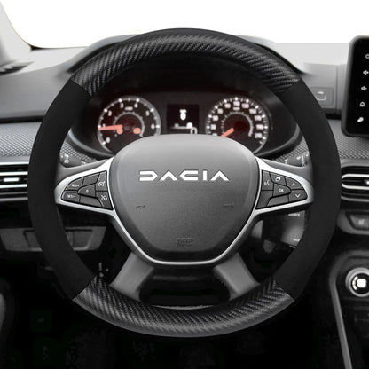 Suitable for Dacia Suede Matte Carbon Fiber Texture Steering Wheel Cover, Suitable for Models Such as Sandero Stepway, Duster, Jogger, Bigster, Spring, Electric, Cargo, Logan, Etc., Black Mocha Car Accessories