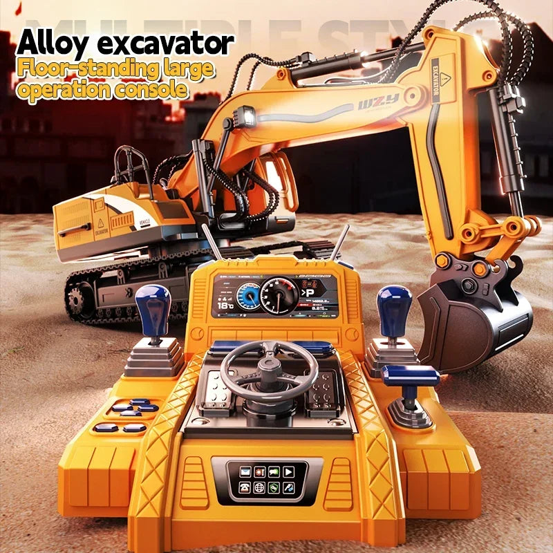 Large Alloy RC Excavator Remote Control Construction Vehicle with Operation Console, LED Light, 680° Rotation, Digger Truck Toy