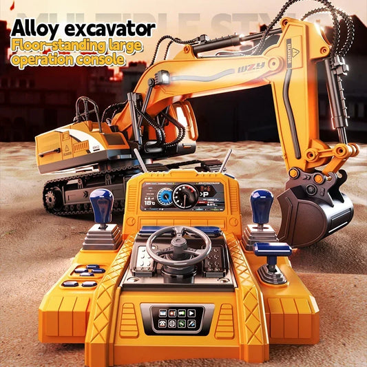 Large Alloy RC Excavator Remote Control Construction Vehicle with Operation Console, LED Light, 680° Rotation, Digger Truck Toy