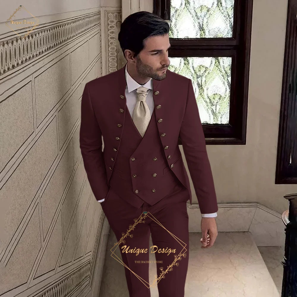 Men's Khaki Tuxedo 3-Piece Suit Jacket Vest Pants Classic Luxury Male Customized Set for Wedding Groom Cocktail Xmas Party Dress