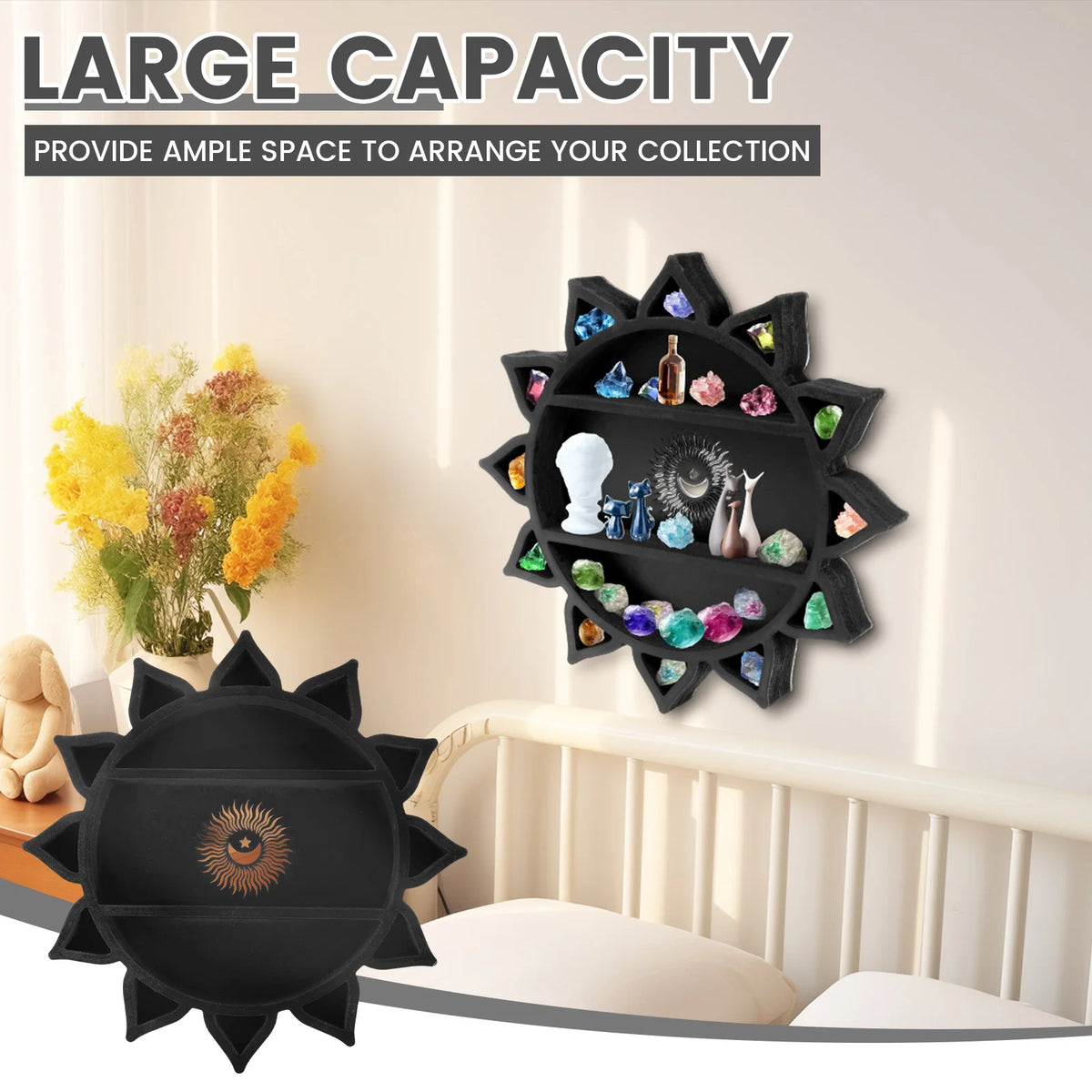 Wooden Shelf Wall Mounted Crystal Display Rack Bohemian Floating Wall Decor Storage Crystal Holders Exquisite Wooden Carving