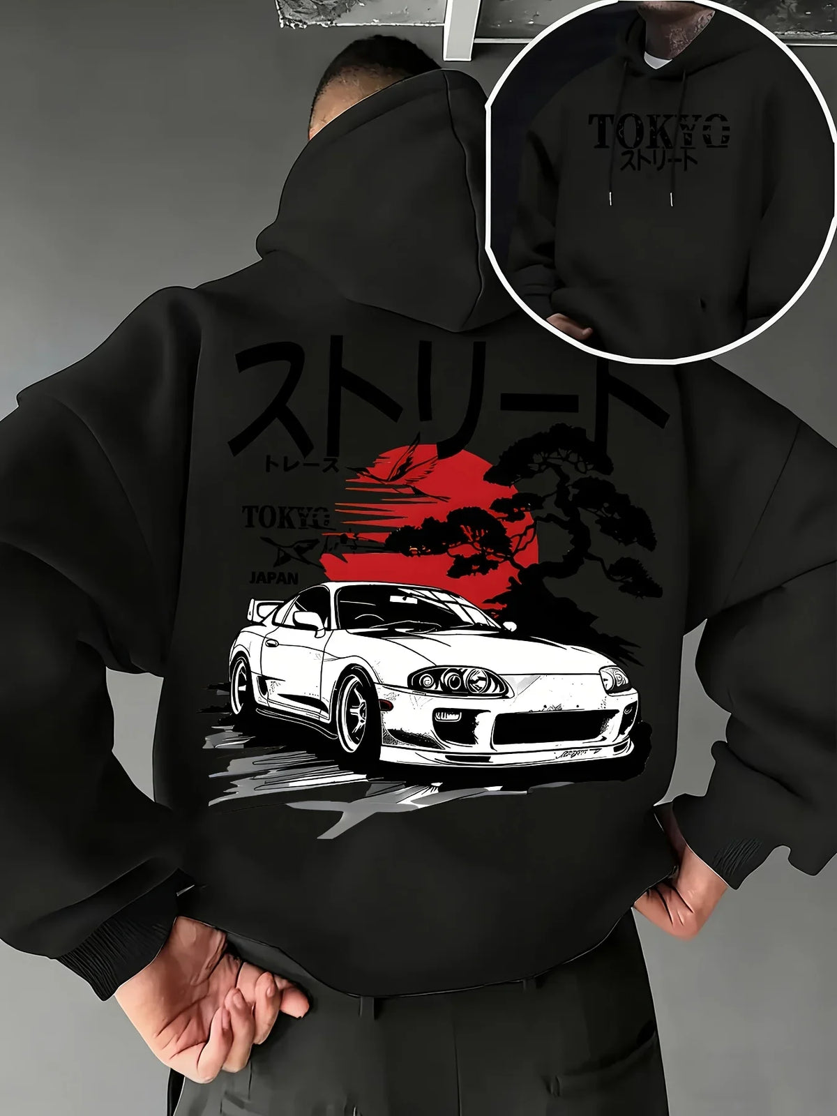 Men Oversized Hoodie JDM Supra Car TOKYO Japan Bonsai Sun Print Pullover Sweatshirt Autumn Winter Japanese Harajuku Street Tops