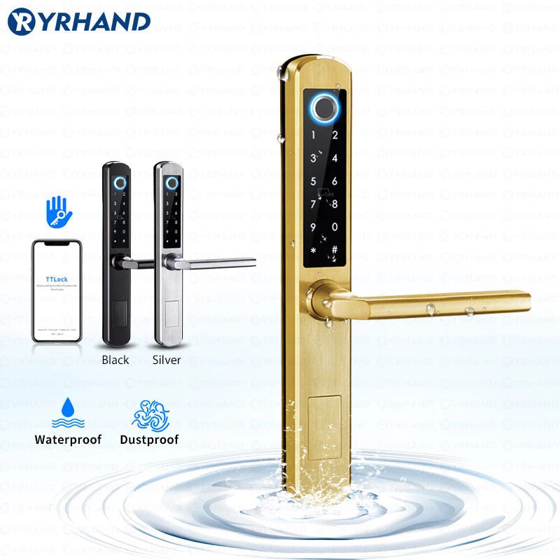 IP66 Gold Stainless Steel Sliding Glass Smart Lock Ttlock App with Google Home Aleax Fingerprint Electronic Digital Lock