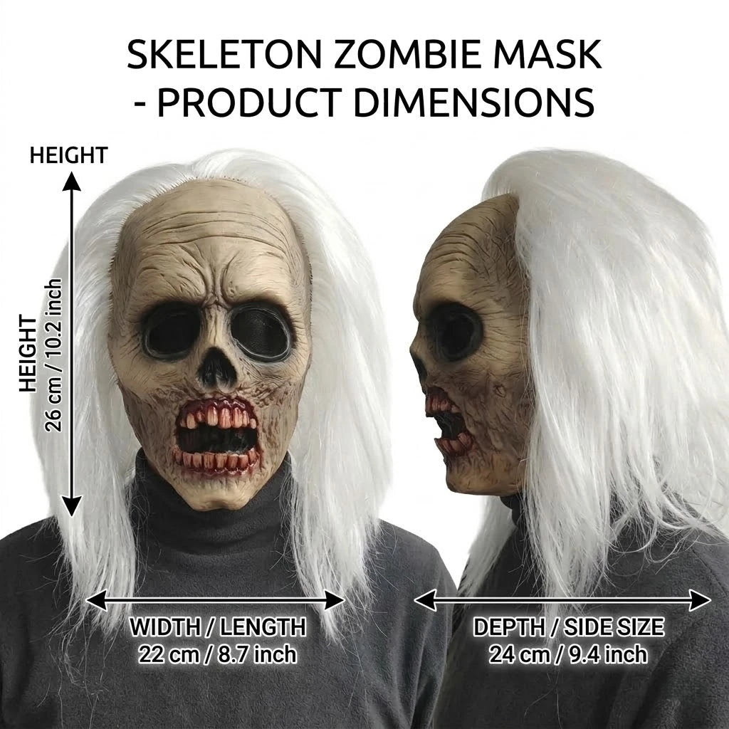 Professional Haunted House White Hair Zombie Skull Mask Head Latex Scary Undead Costume Cosplay Accessory Halloween Carnival