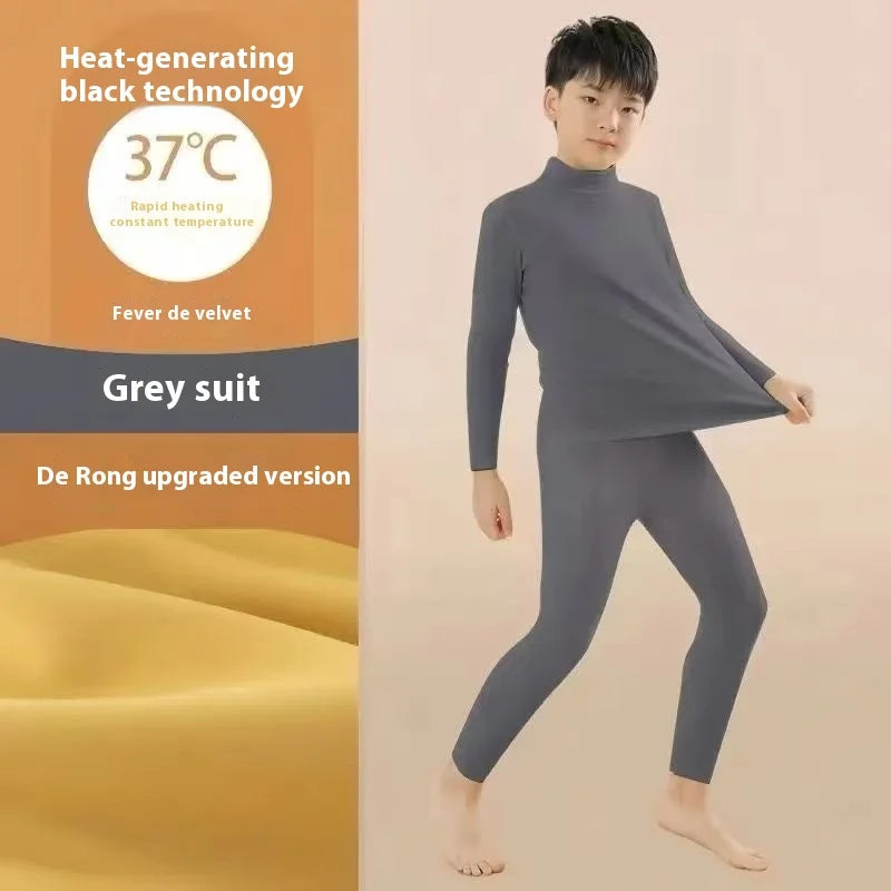 Children's Boys De Velvet Thermal Suit Reversible Medium High Neck Thermal Children's Autumn Clothes Autumn Pants Underwear