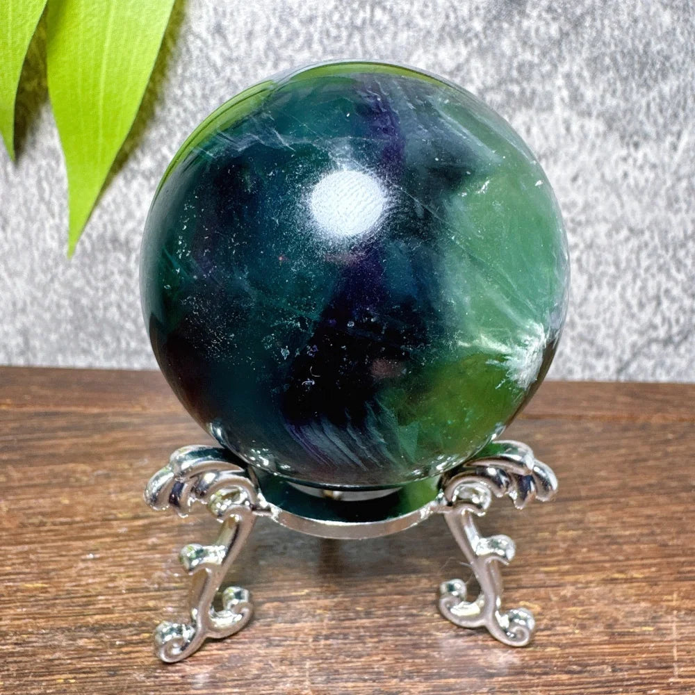 Natural Blue Snowflake Feather Fluorite Spheres Stone Healing Crystal Reiki Energy Home Scene Decorations Gifts+Stand