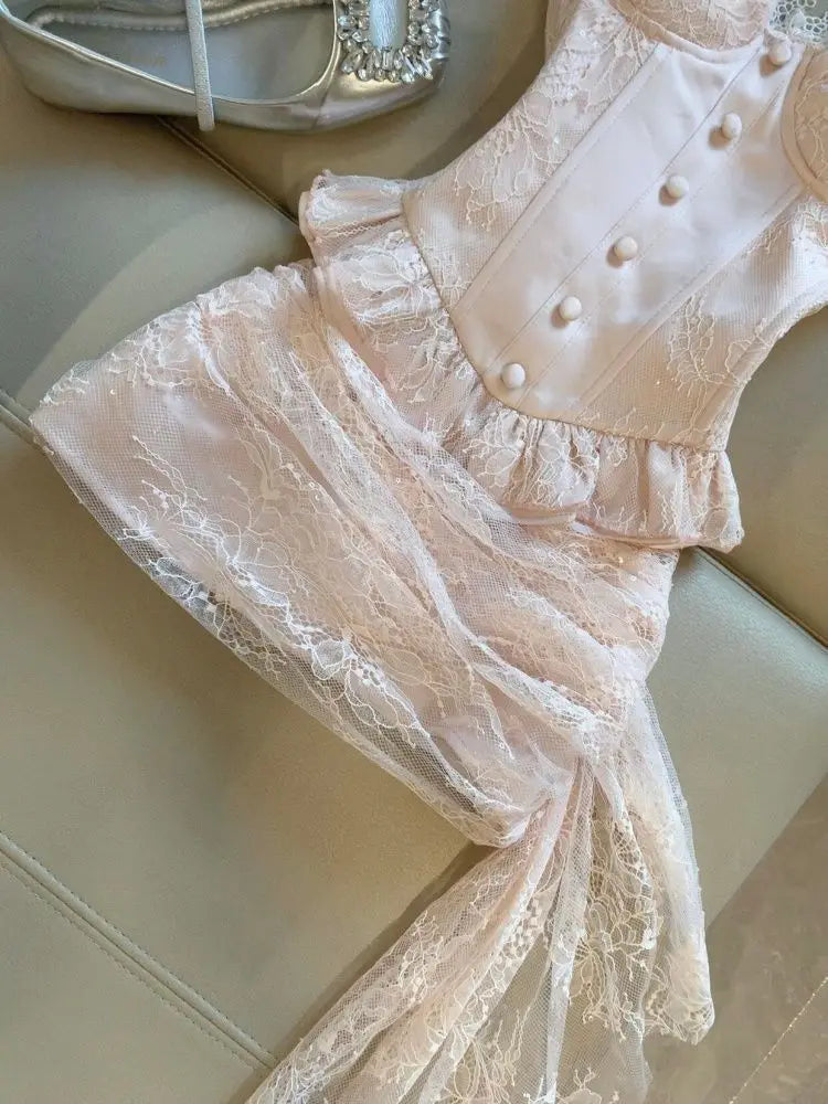 Sweet Coquette Sexy Light Pink Lace Ruffle Cami Top & Asymmetric Bodycon Skirt 2 Piece Set For Women Girls Club Party Daily Wear