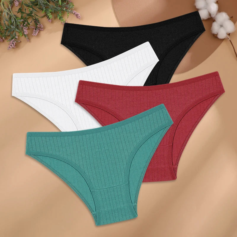 4Pcs/Set Cotton Panties Women Striped Solid Color Briefs Sexy Low-Waist Breathable Underpants Ladies Soft Stretch Lingerie M-XL