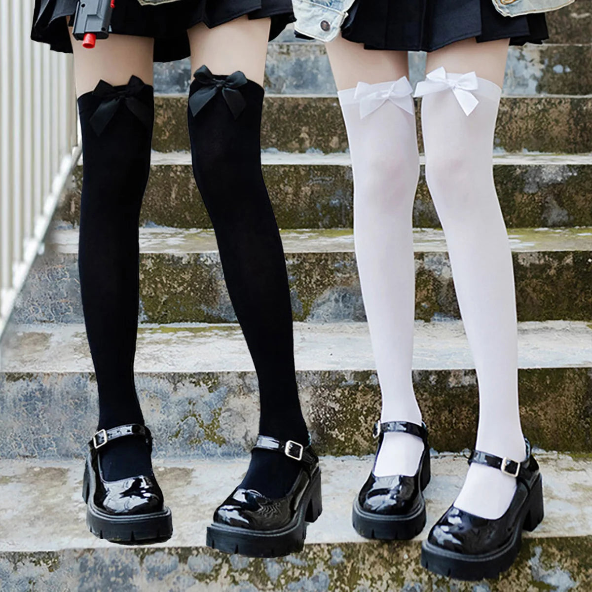 Opaque Bow Knee High Socks New Women Black White Sexy Thigh High Stockings over Knee Long Tights for Girls Ladies