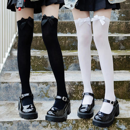 Opaque Bow Knee High Socks New Women Black White Sexy Thigh High Stockings over Knee Long Tights for Girls Ladies