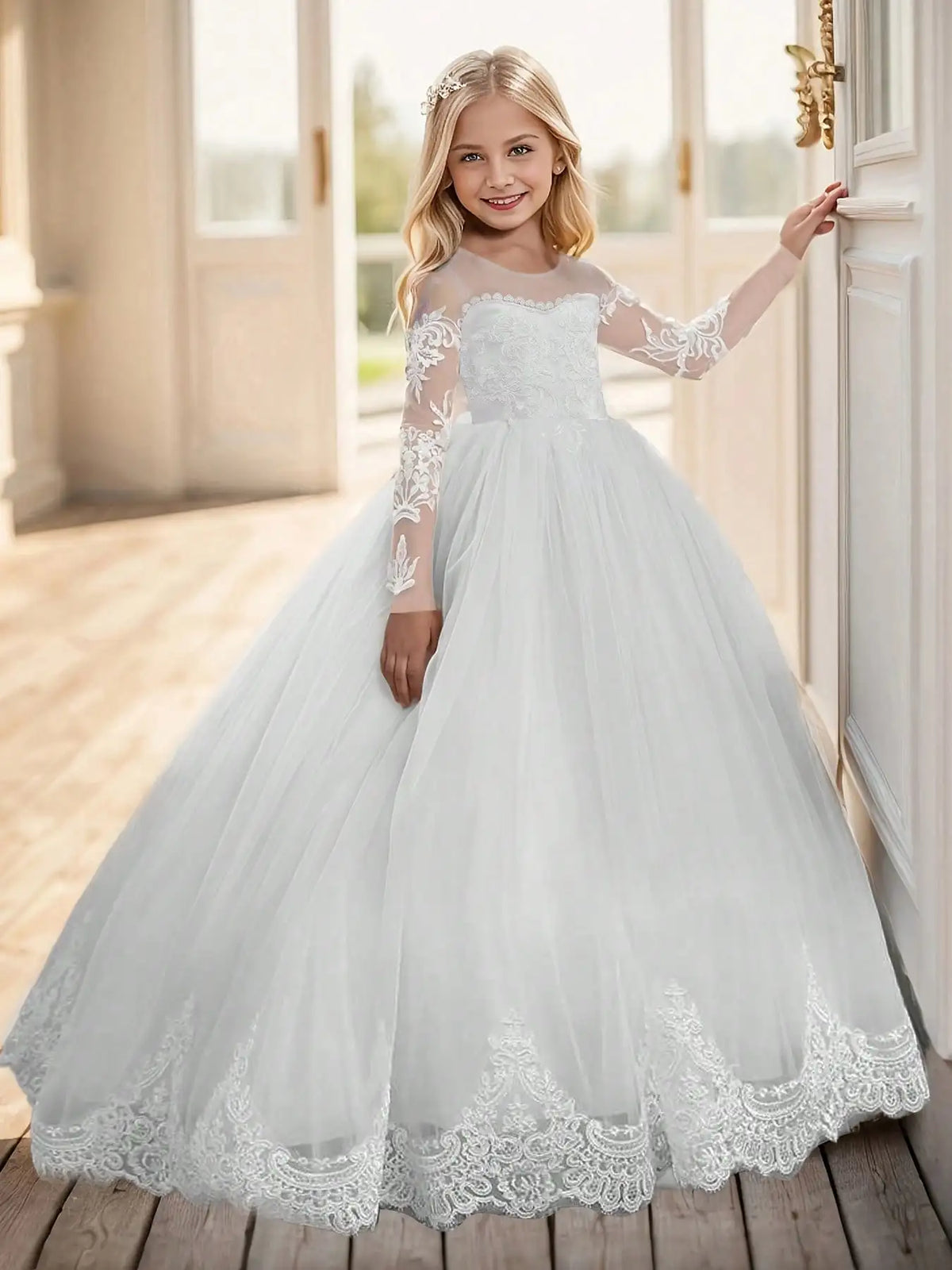 Lace Embroidered Tulle Long-Sleeved Children's Train Flower Girl Dress