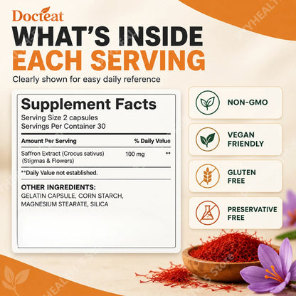 Saffron Extract Capsules for Mood Relaxation 100mg Per Serving High Safranal Saffron Raise Sleep Quality Stress Relief 60 Count