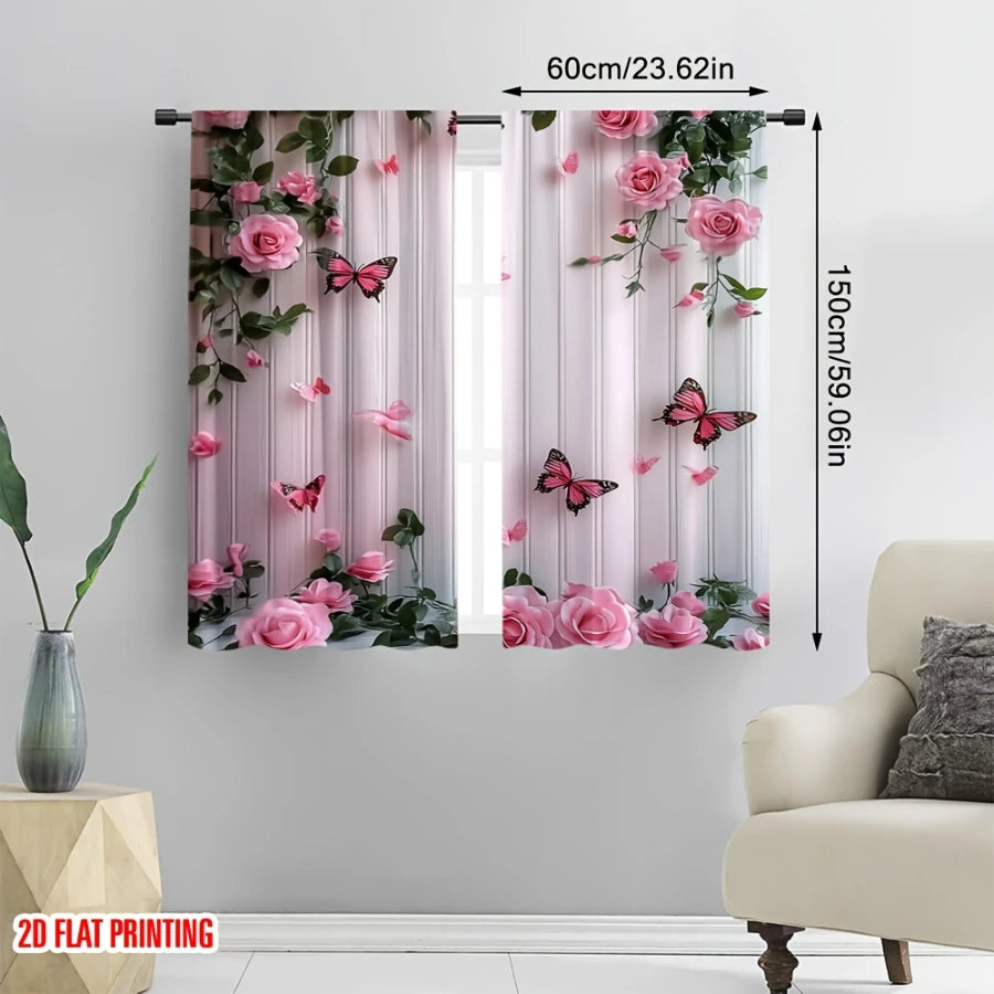 2PCS Digital Printed Curtains, Butterfly Pink Rose Romantic Botanical, Rod Pocket Window Drapes for Living Room Bedroom Decor