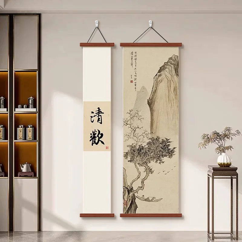 New Chinese Zen Tapestry Wall Hanging She De Calligraphy Ink Landscape Art for Study Tea Room Corridor Room Decoration