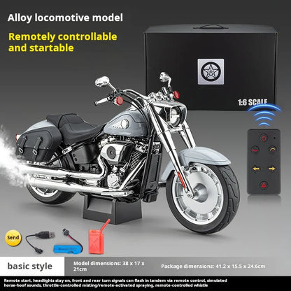 1:6 Harley Fat Boy Retro Heavy Motorcycle Diecast Alloy Simulated Remote Control Ignition & Spray Effect Toy Model Collect