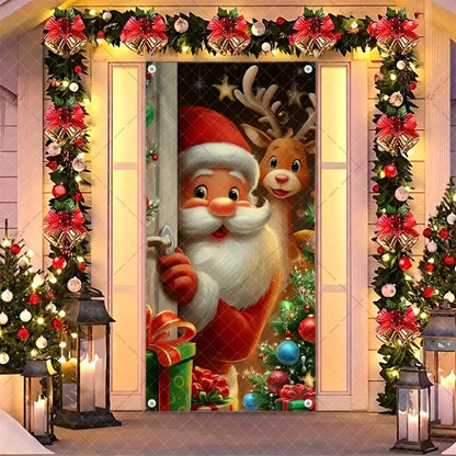 Christmas Humorous Santa Claus And Elk Door Banner Party Decorations Indoor Outdoor Veranda Door Cover Supplies Festive Gifts