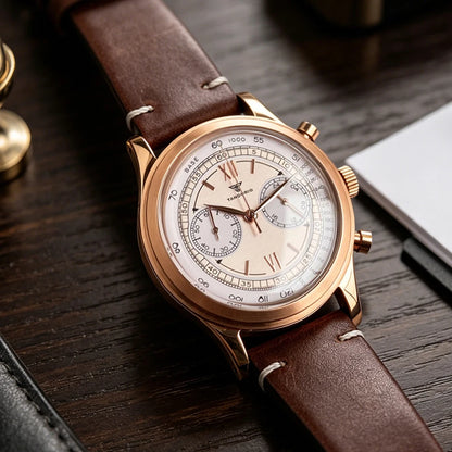 Rose Gold 38mm Tandorio Retro Men Watch Sport Watches Miyota OS20 Movement Chronograph Quartz Clock Black White Arched Glass