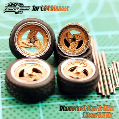 Kicarmod 1/64 Model Car ABS Wheels with Rubber Tire Metal Rims Front Small Rear Large Refitting Parts For Model Car